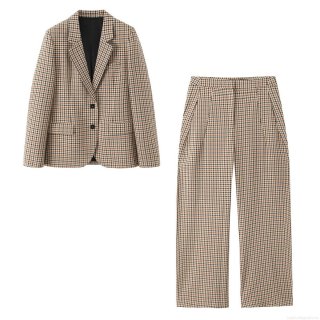 Women's Casual Plaid Blazer and Pants Set 2 Piece Outfits Long Sleeve Suit Jacket and High Waist Wide Leg Trousers for Office Streetwear Autumn