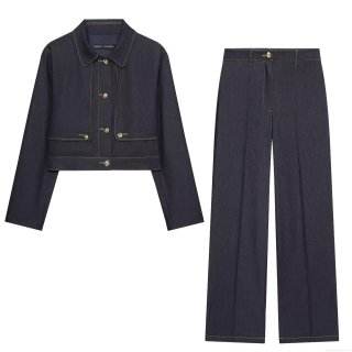 Women's Fashion Two Piece Outfits Contrast Stitching Cropped Jacket With High Waist Wide Leg Pants Or Wrap Mini Skirt Casual Denim Style Sets Streetwear Suits