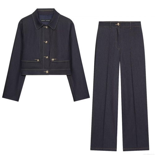 Women's Fashion Two Piece Outfits Contrast Stitching Cropped Jacket With High Waist Wide Leg Pants Or Wrap Mini Skirt Casual Denim Style Sets Streetwear Suits