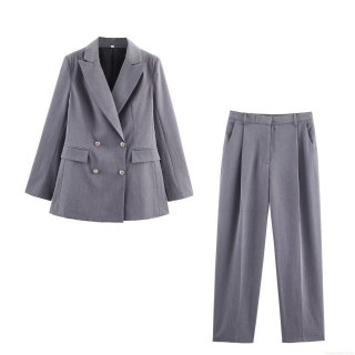 Women Business Casual Suit Set Polyester Twill Peak Lapel Double Breasted Blazer and High Waist Wide Leg Pants Two Piece Professional Office Outfits Streetwear Autumn Winter Lady Formal Wear