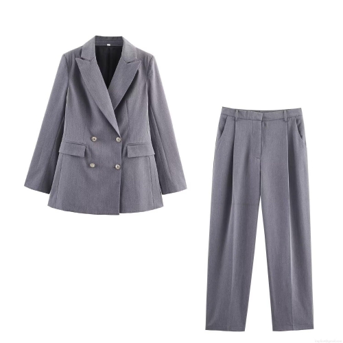 Women Business Casual Suit Set Polyester Twill Peak Lapel Double Breasted Blazer and High Waist Wide Leg Pants Two Piece Professional Office Outfits Streetwear Autumn Winter Lady Formal Wear