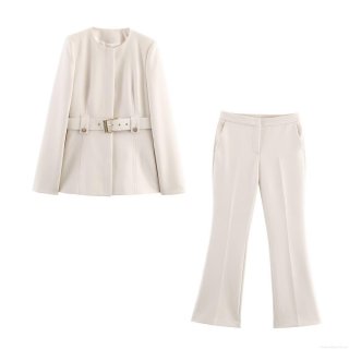 Elegant Cream Women's Blazer and Flared Pants Set With Waist Belt Slim Fit Long Sleeve Plain Color Suits For Office Casual Streetwear