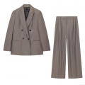 Women's Double-Breasted Polyester Suit Set Blazer and Wide-Leg Trousers Two-Piece Office Outfit Fall Winter Brownish-Grey Melange Shoulder Pads