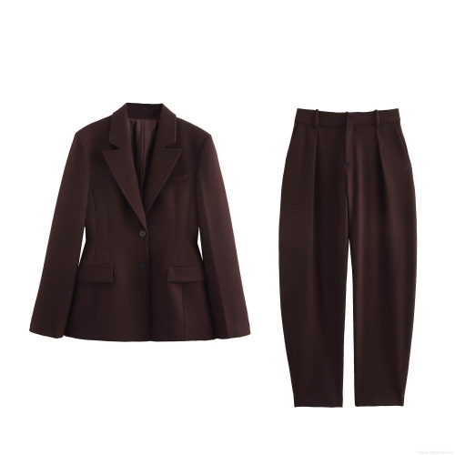 Women's 2 Piece Blazer Suit Set Solid Color Lapel Long Sleeve Jacket And High Waist Wide Leg Wide-leg Pants Office Lady Business Casual Outfits Autumn Fashion Clothes