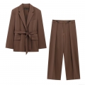 Women's Chic Dark Brown Polyester Blazer And Wide Leg Pants Set With Belt Elegant Office Lady Streetwear Fall Casual Two Piece Outfit