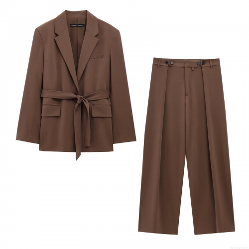 Women's Chic Dark Brown Polyester Blazer And Wide Leg Pants Set With Belt Elegant Office Lady Streetwear Fall Casual Two Piece Outfit
