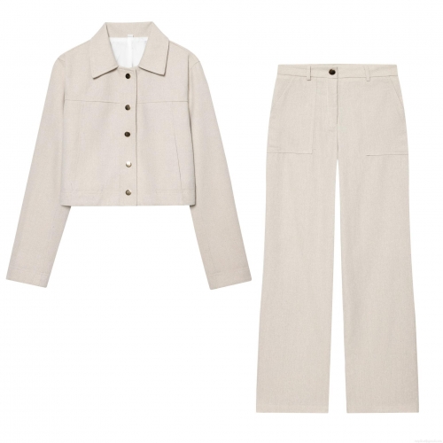 Women's 2 Piece Suit Set Herringbone Texture Cropped Jacket And High Waist Wide Leg Pants With Gold Metal Buttons Casual Office Lady Outfits