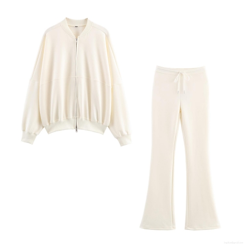 Women's Casual Cotton Blend 2 Piece Outfits Solid Color Zip Up Bomber Jacket And High Waist Drawstring Flare Pants Tracksuit Set