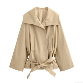 Women's Elegant Khaki 100% Polyester Double Breasted Short Trench Coat and High Waist Shorts Set With Belt Fashion Casual Two Piece Outfit