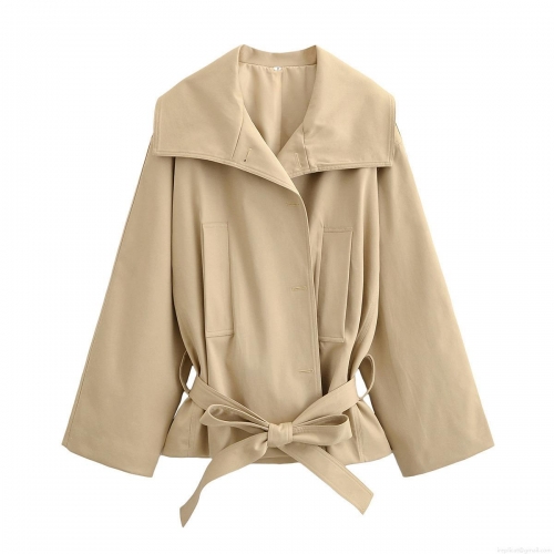 Women's Elegant Khaki 100% Polyester Double Breasted Short Trench Coat and High Waist Shorts Set With Belt Fashion Casual Two Piece Outfit