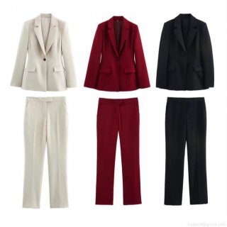 Women's Slim Fit Polyester Blazer And Flare Pants Suit Set Business Casual Long Sleeve Office Professional Two Piece Outfits For Work Party