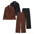 Women's Fashion Autumn Casual Blazer Jacket and High Waist Wide Leg Pants Solid Color Commuting Suit Office Lady Separate Piece Suit