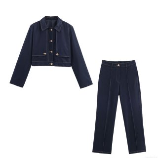 Women's Two Piece Set Denim Style Cotton Blend Contrast Stitching Crop Jacket and High Waist Straight Leg Pants Fashion Streetwear Outfits