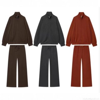 Women's Casual Two Piece Set Solid Color Stand Collar Zipper Hoodie And Wide Leg Sweatpants Soft Knitted Polyester Tracksuit For Autumn Winter Women Loungewear