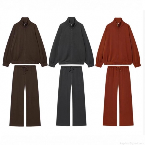 Women's Casual Two Piece Set Solid Color Stand Collar Zipper Hoodie And Wide Leg Sweatpants Soft Knitted Polyester Tracksuit For Autumn Winter Women Loungewear