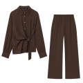Women Elegant Two Piece Set Polyester Crepe Fabric Long Sleeve Tie Knot Shirt And High Waist Wide Leg Pants Casual Streetwear Office Outfit Solid Color Coffee Brown Fashion Suits