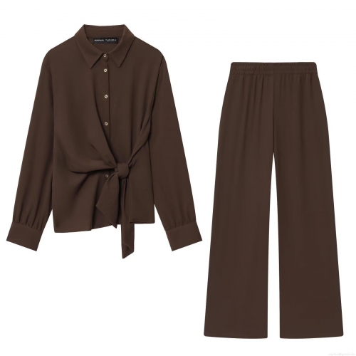 Women Elegant Two Piece Set Polyester Crepe Fabric Long Sleeve Tie Knot Shirt And High Waist Wide Leg Pants Casual Streetwear Office Outfit Solid Color Coffee Brown Fashion Suits