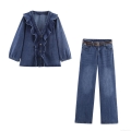 Women's Retro Blue 85% Cotton Denim Two Piece Set Ruffle V-Neck Long Sleeve Shirt And Low Waist Wide Leg Pants With Rivet Belt Fashion Casual Streetwear Outfit