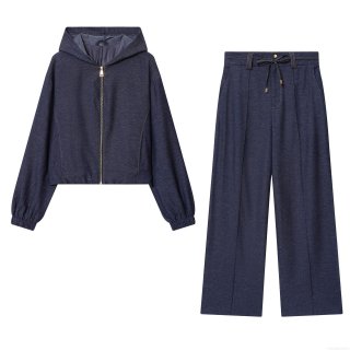 Women's Two Piece Outfits Solid Color Zip Up Hoodie Jacket And High Waist Wide Leg Pants Set Denim Texture Long Sleeve Sweatshirt Trousers
