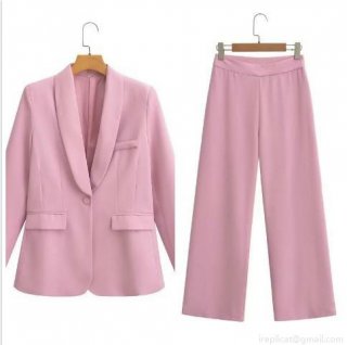 Women's Fashion Casual Two-Piece Suit Set Pink Solid Color Notched Lapel Single Breasted Blazer Jacket And High Waist Wide Leg Trousers For Office Party Streetwear Autumn Clothes