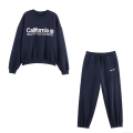 Women's 85% Cotton 15% Polyester Fleece Sweatshirt And Sweatpants Set California Letter Print Long Sleeve Round Neck Jogger Pants Two Piece Sportsuit Streetwear Navy Blue