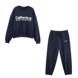Women's 85% Cotton 15% Polyester Fleece Sweatshirt And Sweatpants Set California Letter Print Long Sleeve Round Neck Jogger Pants Two Piece Sportsuit Streetwear Navy Blue