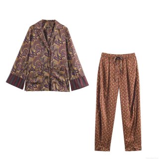 Women Paisley Print Satin Shirt And Pants Set Retro Long Sleeve Lapel Blouse Elastic Waist Trousers Two Piece Outfits Streetwear Casual Loungewear