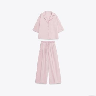 Women's Casual 100% Polyester Two Piece Set Short Sleeve Button Down Shirt And Wide Leg Pants Solid Color Loungewear Streetwear Pink Lounge Set For Women