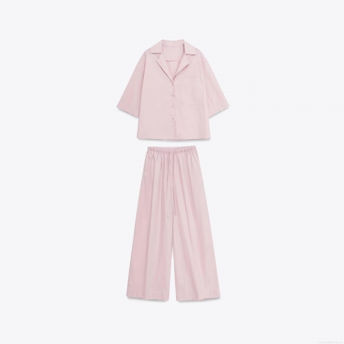 Women's Casual 100% Polyester Two Piece Set Short Sleeve Button Down Shirt And Wide Leg Pants Solid Color Loungewear Streetwear Pink Lounge Set For Women