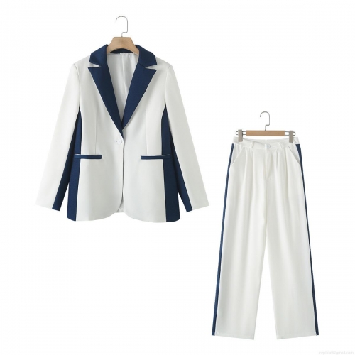 Women's 2 Piece Blazer Suit Set Patchwork Notch Lapel Single Button Jacket and High Waist Straight Leg Pants Commute Professional Office Outfits