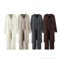 Women's 3 Piece Knitting Set Long Open Front Cardigan Button V-Neck Vest and High Waist Wide Leg Pants Solid Color Casual Soft Lounge Suit