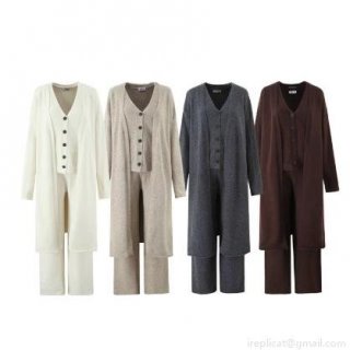 Women's 3 Piece Knitting Set Long Open Front Cardigan Button V-Neck Vest and High Waist Wide Leg Pants Solid Color Casual Soft Lounge Suit