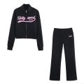 Women's Casual Two-Piece Tracksuit Set Hollywood 1975 Embroidery Zipper Stand Collar Sweatshirt and Flare Pants Autumn Cotton Blend Sporty Outfits