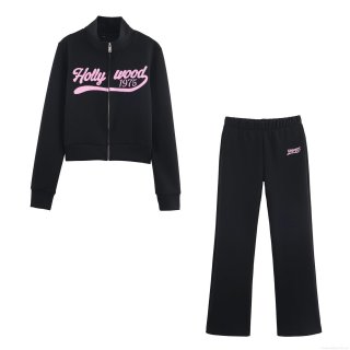 Women's Casual Two-Piece Tracksuit Set Hollywood 1975 Embroidery Zipper Stand Collar Sweatshirt and Flare Pants Autumn Cotton Blend Sporty Outfits