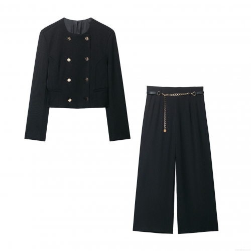 Women's Two-Piece Suit Set Polyester Short Double Breasted Round Neck Jacket High Waist Wide Leg Pants With Golden Chain Belt Elegant Office Daily Outfits