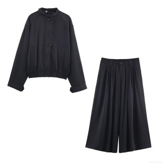 Women's Two Piece Pants Set Casual Solid Color Stand Collar Button Jacket And High Waist Pleated Wide Leg Trousers Autumn Fashion Loose Long Sleeve Outfits