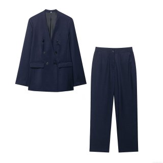Women's Navy Blue Business Casual Blazer Jacket And Straight Leg Pants Polyester Double Breasted V Neck Office Lady Workwear Outfits Autumn Streetwear Sets