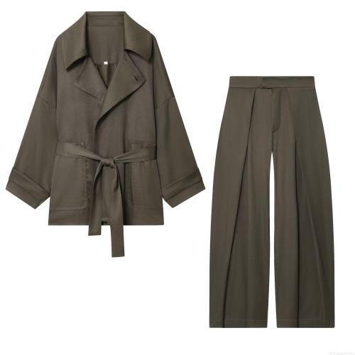 Women's Two Piece Pants Set Early Autumn Fashion Polyester Belted Jacket And Wide Leg Pleated Trousers Casual Street Style Elegant Outfit For Ladies