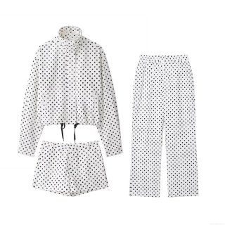 Women Fashion Polka Dot 3 Piece Set Long Sleeve Stand Collar Drawstring Jacket Casual Shorts And Wide Leg Long Pants Streetwear Outfit