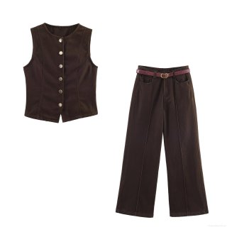 Women's Fashion Denim 2 Piece Outfits Sleeveless Button Down Vest and High Waist Wide Leg Jeans with Belt Casual Streetwear Suit Set