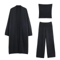Women's 3 Piece Knit Set Soft Polyester Long Cardigan Open Front Coat Bandeau Crop Top And High Waist Wide Leg Pants Lounge Tracksuit For Autumn Winter Casual Streetwear