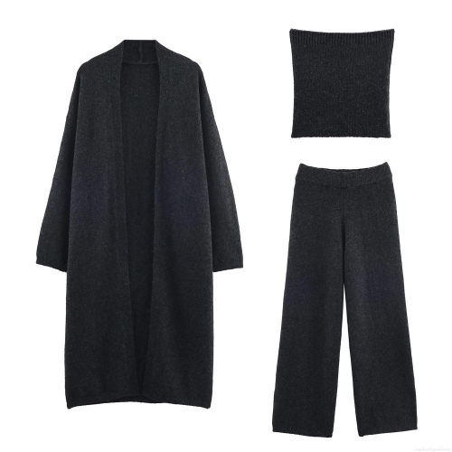 Women's 3 Piece Knit Set Soft Polyester Long Cardigan Open Front Coat Bandeau Crop Top And High Waist Wide Leg Pants Lounge Tracksuit For Autumn Winter Casual Streetwear