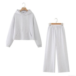 Women's Two Piece Tracksuit Set 99% Cotton Hooded Raw Hem Sweatshirt and Wide Leg Pants Set Streetwear Casual Sporty Lounge Outfits Heather Grey