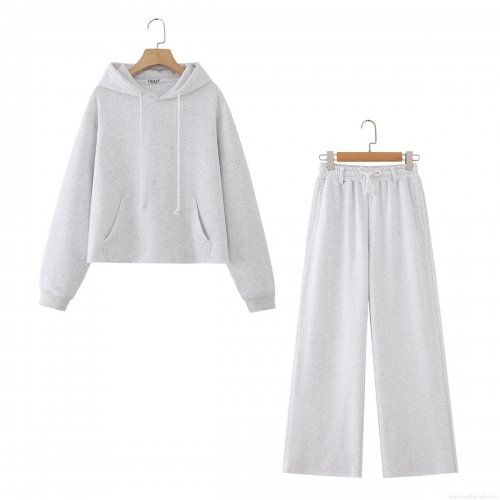 Women's Two Piece Tracksuit Set 99% Cotton Hooded Raw Hem Sweatshirt and Wide Leg Pants Set Streetwear Casual Sporty Lounge Outfits Heather Grey