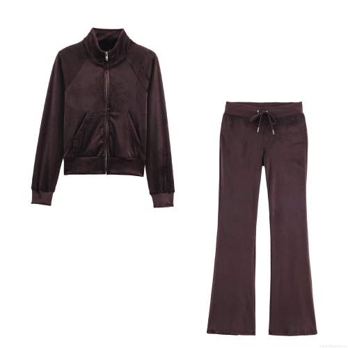 Women's Fashion Velvet Two Piece Tracksuit Set Rhinestone Letter Print Zipper Up Jacket and High Waist Flare Pants Casual Loungewear Streetwear