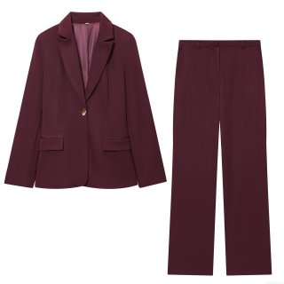 Women's Elegant 2 Piece Blazer Suit Set Slim Fit Single Breasted Jacket and Straight Leg Pants Polyester Solid Color Office Business Casual Outfits Burgundy