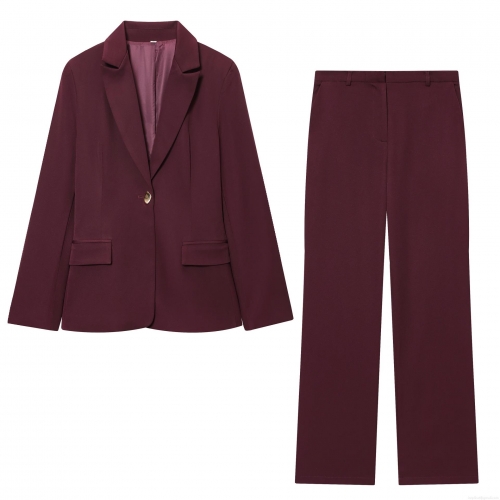 Women's Elegant 2 Piece Blazer Suit Set Slim Fit Single Breasted Jacket and Straight Leg Pants Polyester Solid Color Office Business Casual Outfits Burgundy