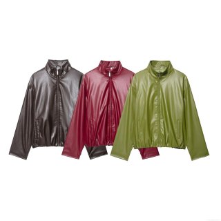 Women's PU Leather Stand Collar Jacket Skirt And Pants Set Faux Leather Streetwear Outfits Solid Color Retro Autumn Winter Two Piece Sets For Women