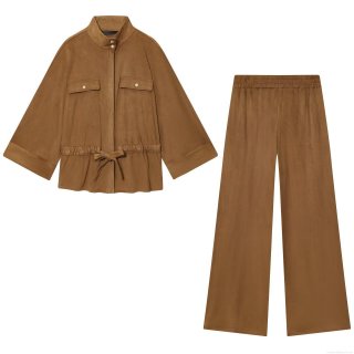 Women's Faux Suede Two Piece Set Solid Color Long Sleeve Collared Shirt Jacket High Waist Wide Leg Pants Streetwear Casual Autumn Outfits