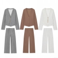 Women's Autumn Ribbed Knit 2 Piece Set V Neck Button Up Cardigan And High Waist Wide Leg Pants Polyester Solid Color Casual Lounge Sets Soft Slim Fit Streetwear Sweatsuit
